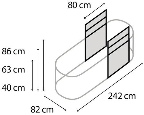 Abbildung mit Maßangaben für ein Bett mit einer Länge von 242 cm, einer Breite von 82 cm und einer Höhe von 86 cm.