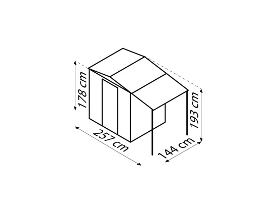 Technische Zeichnung eines Gerätehauses mit Maßangaben