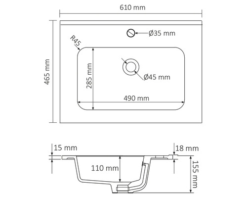 Technische Zeichnung Waschbecken mit Maßangaben