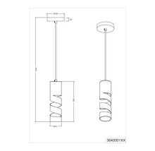 Technische Zeichnung einer Pendelleuchte mit gewundenem Lampenschirm und Maßangaben.