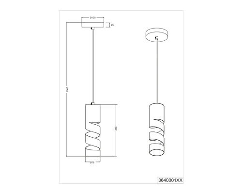Technische Zeichnung einer Pendelleuchte mit gewundenem Lampenschirm und Maßangaben.