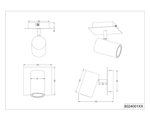 Technische Zeichnung eines Strahlers mit Maßangaben
