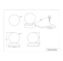 Technische Zeichnung einer Tischleuchte mit Kugelform und den Maßen 120 mm Durchmesser für die Kugel, 110 mm Höhe, 25 mm Sockelhöhe und 1500 mm Kabellänge