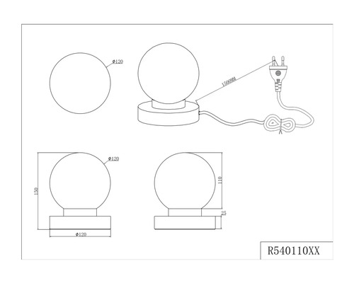 Technische Zeichnung einer Tischleuchte mit Kugelform und den Maßen 120 mm Durchmesser für die Kugel, 110 mm Höhe, 25 mm Sockelhöhe und 1500 mm Kabellänge