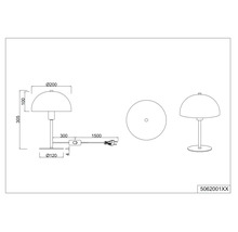 Technische Zeichnung einer Tischleuchte mit Abmessungen