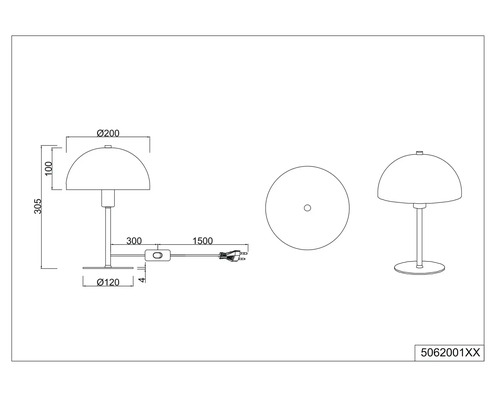 Technische Zeichnung einer Tischleuchte mit Abmessungen