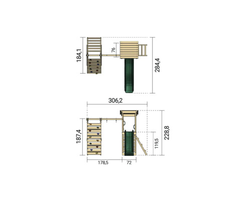 Technische Zeichnung eines Spielturms mit Kletterwand, Rutsche und Leiter mit Maßangaben