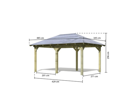 Abbildung eines Pavillons aus Holz mit Maßangaben