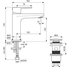 Technische Zeichnung eines Wasserhahns mit Abmessungen und Details zur Installation