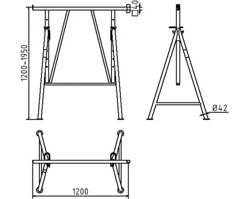 Technische Zeichnung eines Arbeitsbocks mit Höhenangaben
