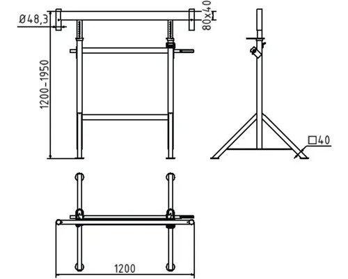 Technische Zeichnung eines Gerüstbocks mit Maßangaben