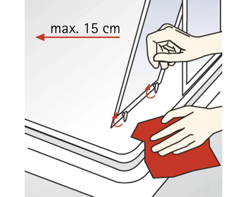 Abbildung der Montage eines Fensterrahmens mit einem maximalen Abstand von 15 Zentimetern.