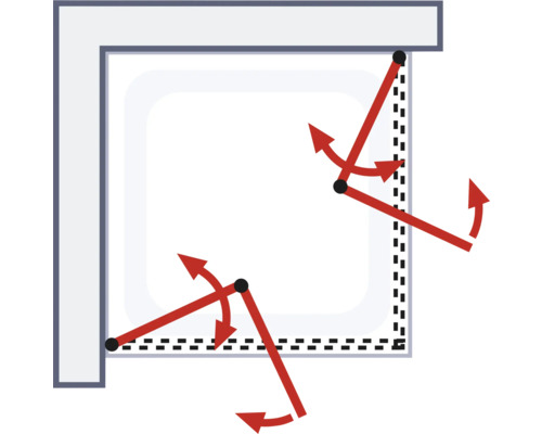 Zeichnung einer Duschkabine mit Schwenktüren und dazugehörigen Pfeilen zur Veranschaulichung der Drehfunktion