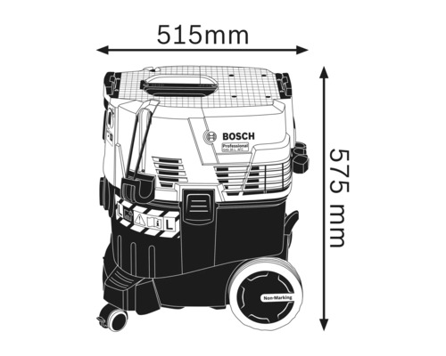 Illustration eines Bosch Nass- und Trockensaugers mit den Maßangaben 515 mm Breite und 575 mm Höhe.