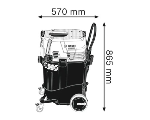 Abbildung eines Industriestaubsaugers mit den Maßen 570 mm Breite und 865 mm Höhe.