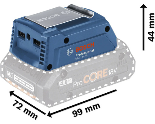 Bosch GAA 18V-48 Akku-Adapter mit USB-Anschlüssen und den Maßen 99 mm x 72 mm x 44 mm