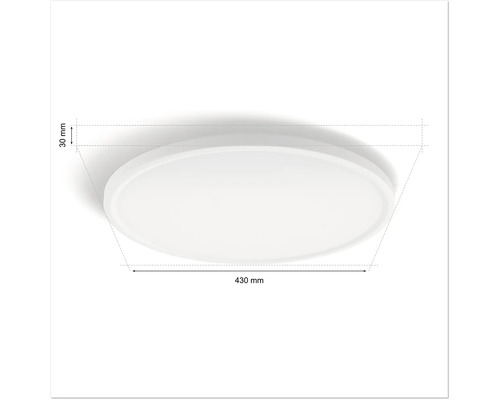 Runde Deckenleuchte mit den Maßen 430 mal 30 Millimeter.