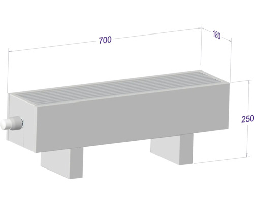 Abbildung eines Heizkörpers mit den Maßen 700 x 180 x 250 mm