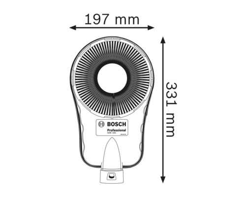 Bosch GDE 162 Staubabsaugung mit Maßangaben 197 mm Breite und 331 mm Höhe