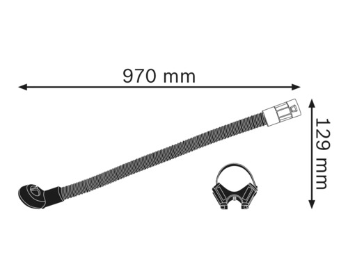 Abbildung eines Siphons mit Maßangaben: 970 mm Länge und 129 mm Höhe.