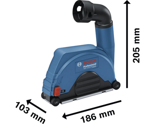 Bosch Staubabsaugung GDE 115/125 FC-T mit den Maßen 205 mm Höhe, 186 mm Breite und 103 mm Tiefe