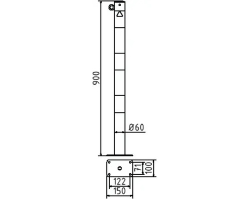 Technische Zeichnung eines Pfostens mit den Maßen 900 Millimeter Höhe und 60 Millimeter Durchmesser