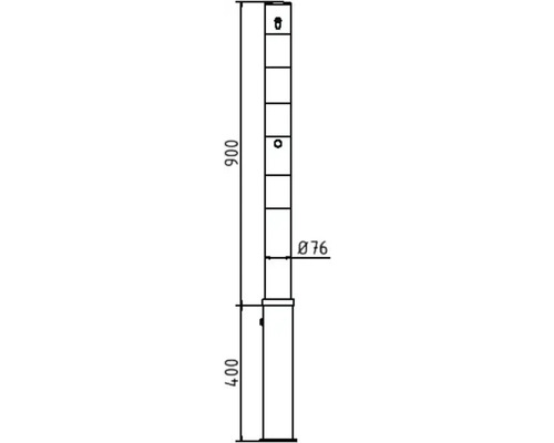 Technische Zeichnung eines Pfostens mit den Maßen 400 und 900 Millimeter sowie einem Durchmesser von 76 Millimeter.