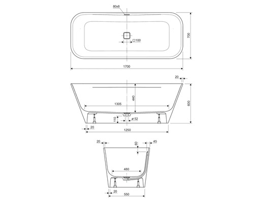 Technische Zeichnung einer Badewanne mit Maßen