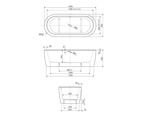 Technische Zeichnung einer Badewanne mit Maßangaben