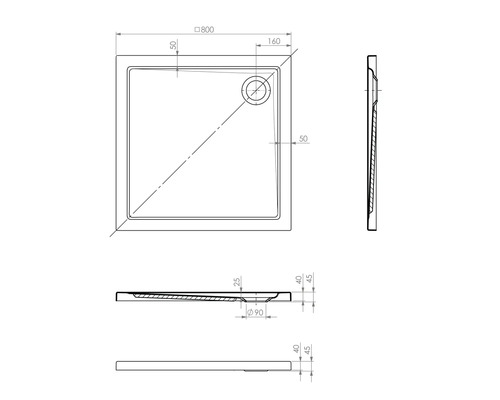 Technische Zeichnung einer quadratischen Duschwanne mit Maßangaben