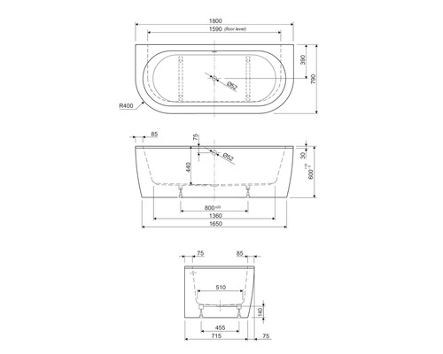 Technische Zeichnung einer Badewanne mit Maßangaben