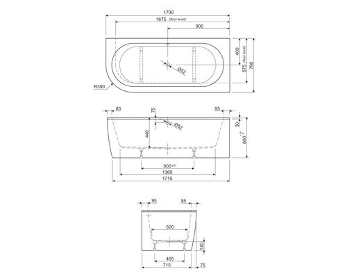 Technische Zeichnung einer Badewanne mit Maßangaben