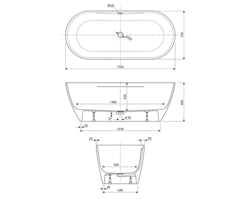 Technische Zeichnung einer freistehenden Badewanne mit Maßangaben