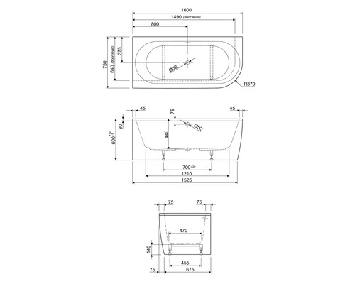 Technische Zeichnung einer Badewanne mit Maßangaben