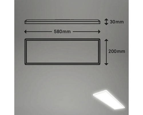 Technische Zeichnung einer LED Lampe mit den Maßen 580 mm Länge, 200 mm Breite und 30 mm Höhe.