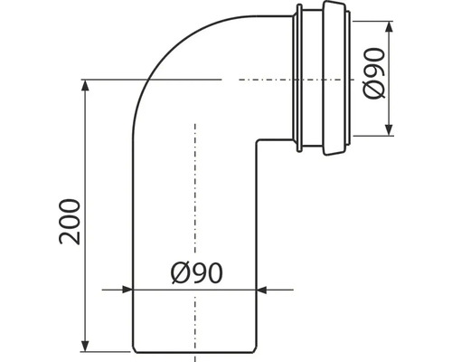 Technische Zeichnung eines 90-Grad-Rohrbogens mit Durchmesser 90 mm und einer Länge von 200 mm