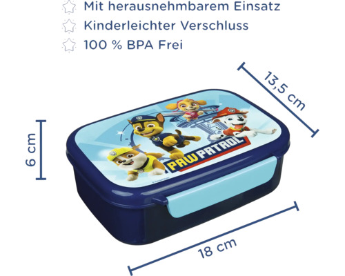 Brotdose mit Paw Patrol Motiv, 18 mal 13,5 mal 6 Zentimeter
