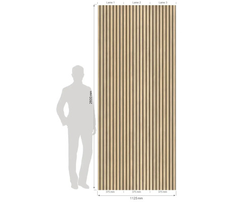 Holzpaneel mit vertikalen Lamellen und Maßangaben