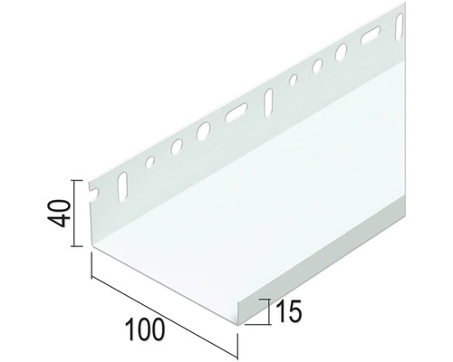 Eine weisse Lochwinkel mit den Massen 100 x 40 x 15 Millimeter.