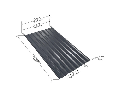 Profilblech mit Maßangaben für Breite, Länge und Höhe