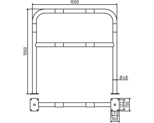 Technische Zeichnung eines Anlehnbügels mit Maßangaben.