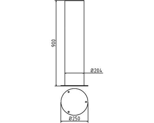 Technische Zeichnung eines Zylinders mit den Maßen 900 mm Höhe, 204 mm oberer Durchmesser und 250 mm unterer Durchmesser.