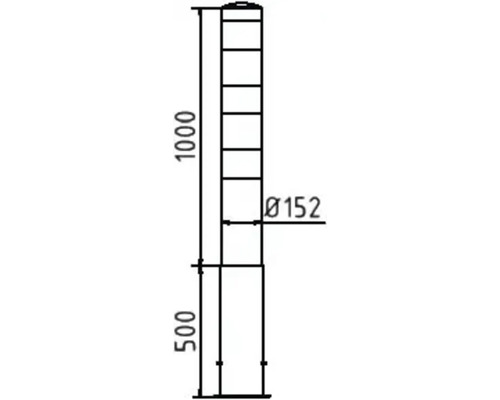 Technische Zeichnung eines Pollers mit den Maßen 1000 mm Höhe, 152 mm Durchmesser und 500 mm Sockelhöhe.
