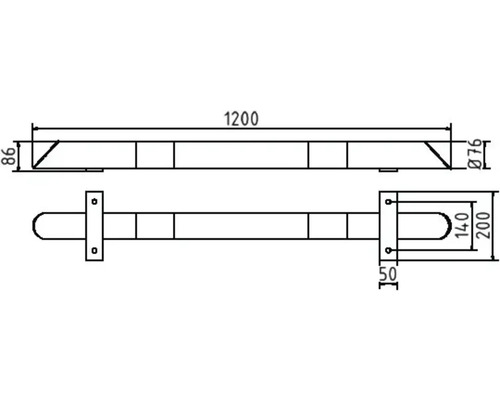 Technische Zeichnung eines Stoßbalkens mit Maßangaben