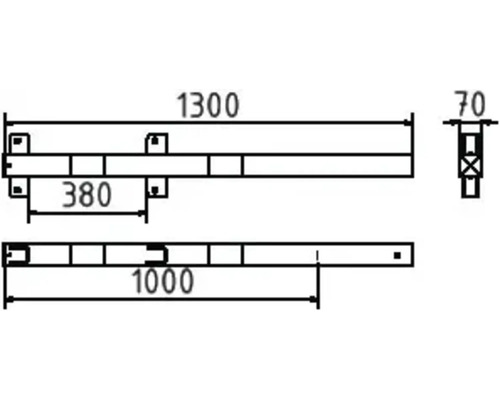 Technische Zeichnung mit Maßangaben: Länge 1300 mm, Abstand 380 mm, Länge 1000 mm, Breite 70 mm