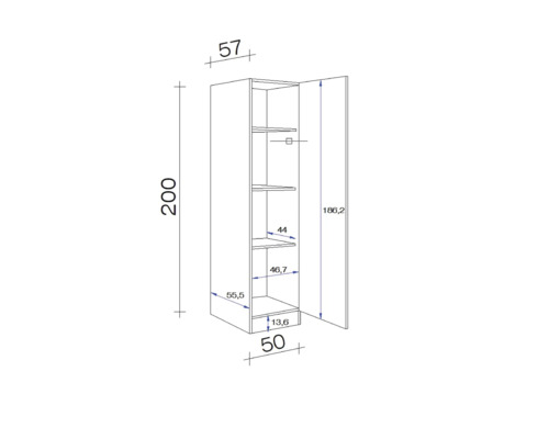 Technische Zeichnung eines Küchenschranks mit Abmessungen.