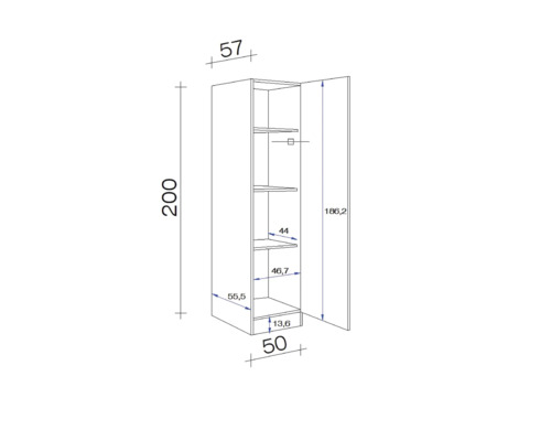 Technische Zeichnung eines Hochschranks mit Maßen