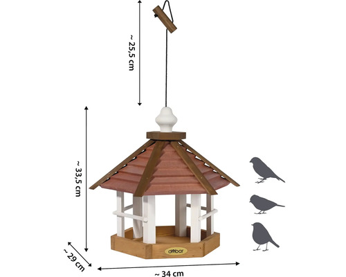 Vogelhaus mit braunem Dach und weißen Akzenten zur Aufhängung