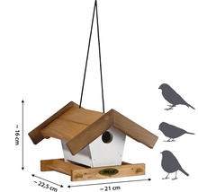 Vogelhaus aus Holz mit Aufhängung und den Maßen circa 22,5 x 21 x 16 cm