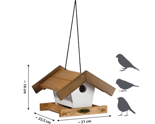 Vogelhaus aus Holz mit Aufhängung und den Maßen circa 22,5 x 21 x 16 cm